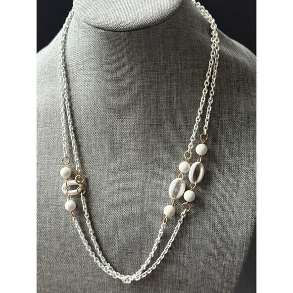 Vintage Acrylic Link Layered Necklace White Statement Minimalist Capsule Career - Picture 1 of 7